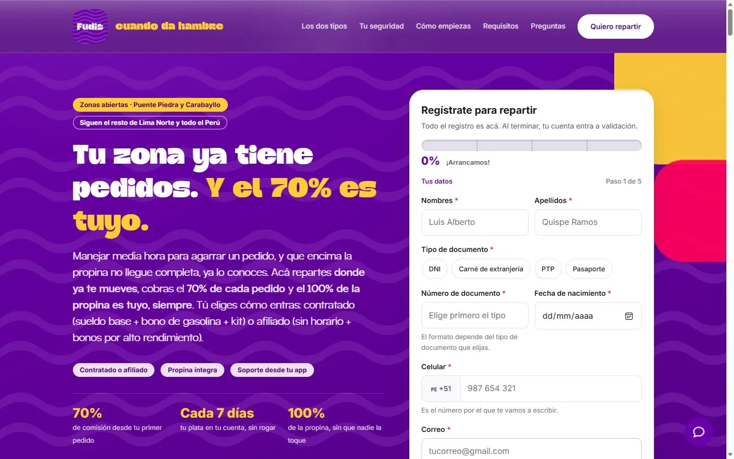 Landing de registro de repartidores