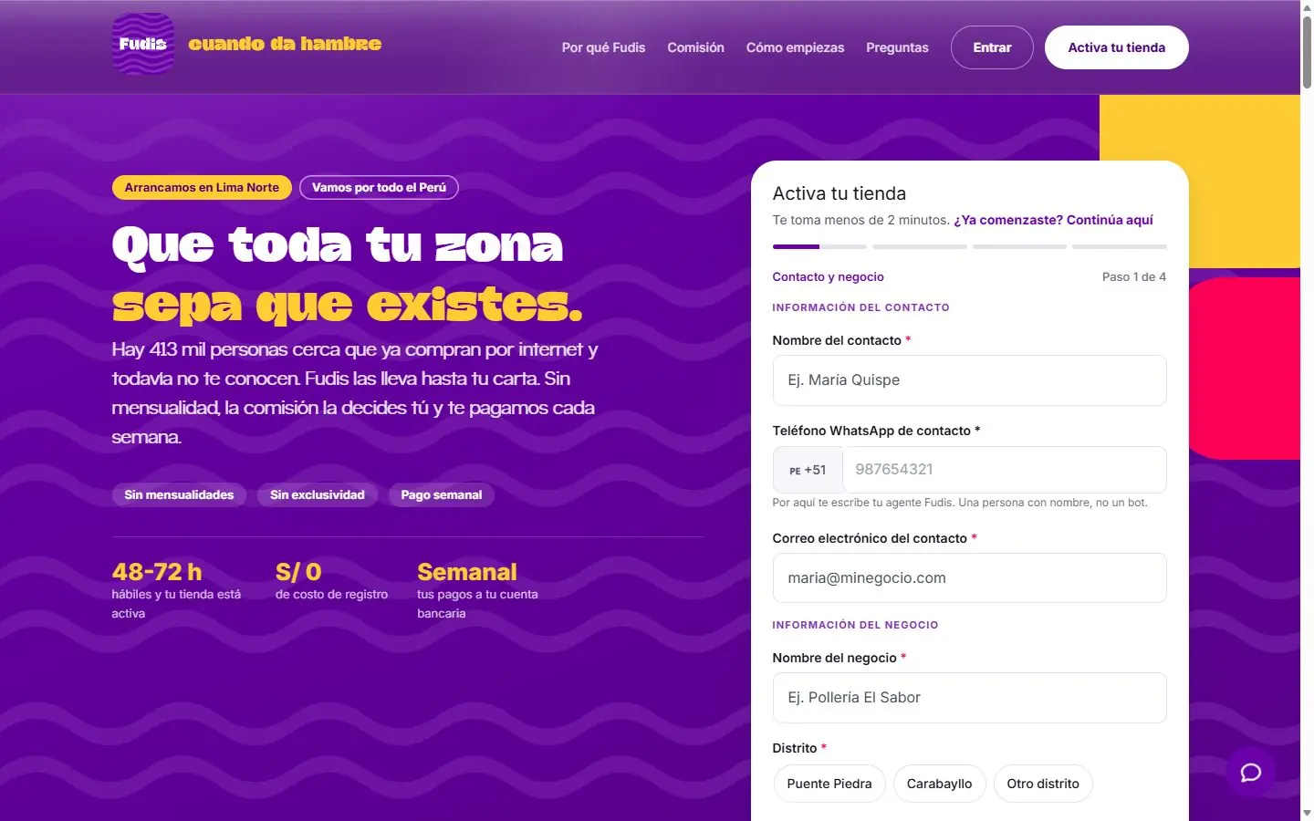 Landing de captación de restaurantes con formulario por pasos